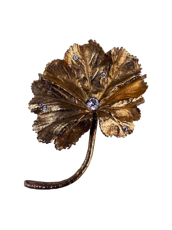Michael Michaud Jewelry - Michael Michaud Womens Gold Tone Brooch Ladys Mantle Leaf With Clear Crystals
